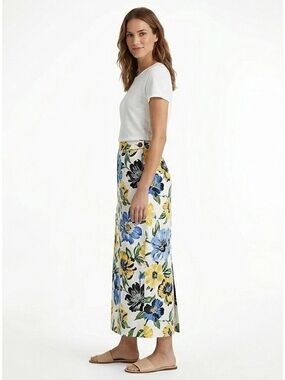 TALBOTS 100% Linen Floral Maxi Skirt Size 4 White Blue Yellow Boho Lined Spring